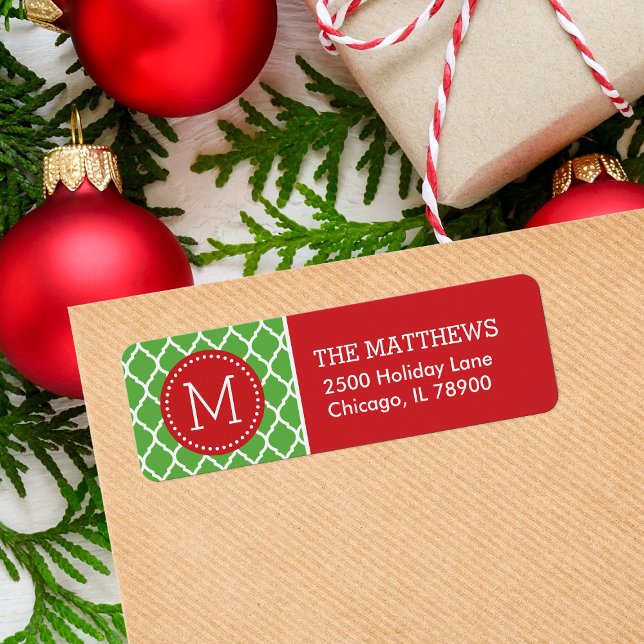 Red and Green Holiday Quatrefoil Monogram Label (Creator Uploaded)