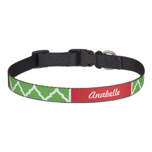 Red and Green Holiday Quatrefoil Monogram Pet Collar