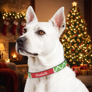 Red and Green Holiday Quatrefoil Monogram Pet Collar
