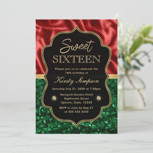 Red and Green Holiday Shimmer Sweet 16 Invitation