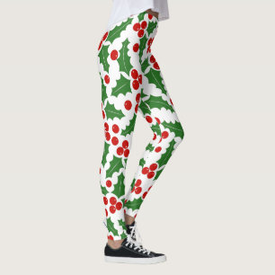 Red and green holly berry pattern Christmas Leggings