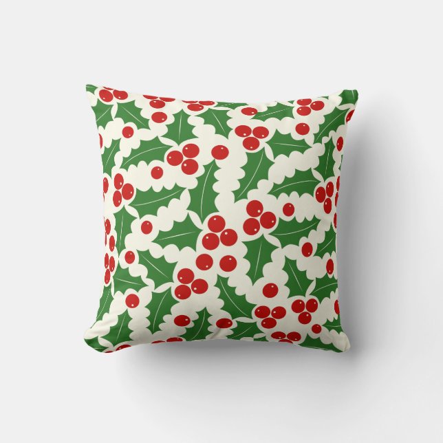 Red and green holly berry pattern Christmas Throw Pillow (Front)