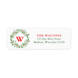 Red and Green Holly Berry Wreath Monogram Label