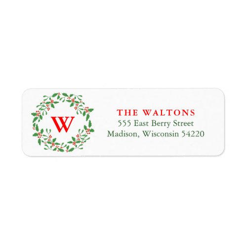 Red and Green Holly Berry Wreath Monogram Label