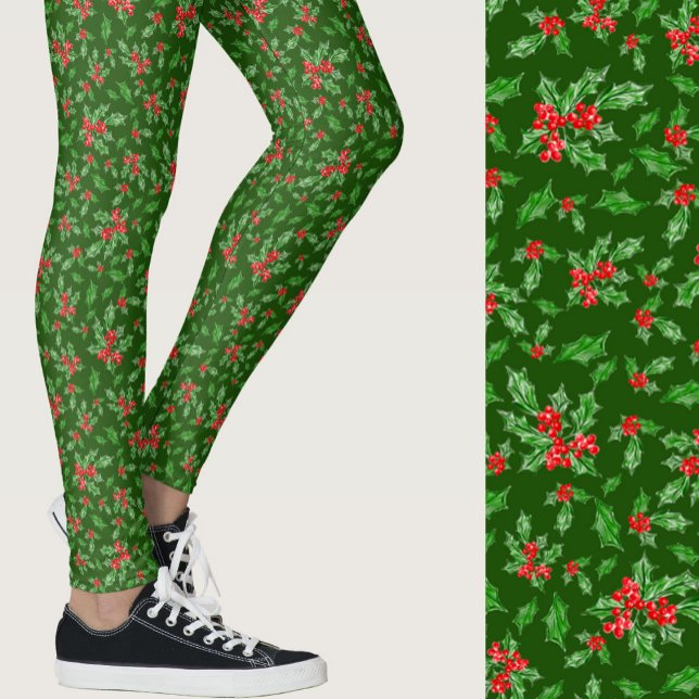 Red and green holly Christmas Patterned Leggings (Creator Uploaded)