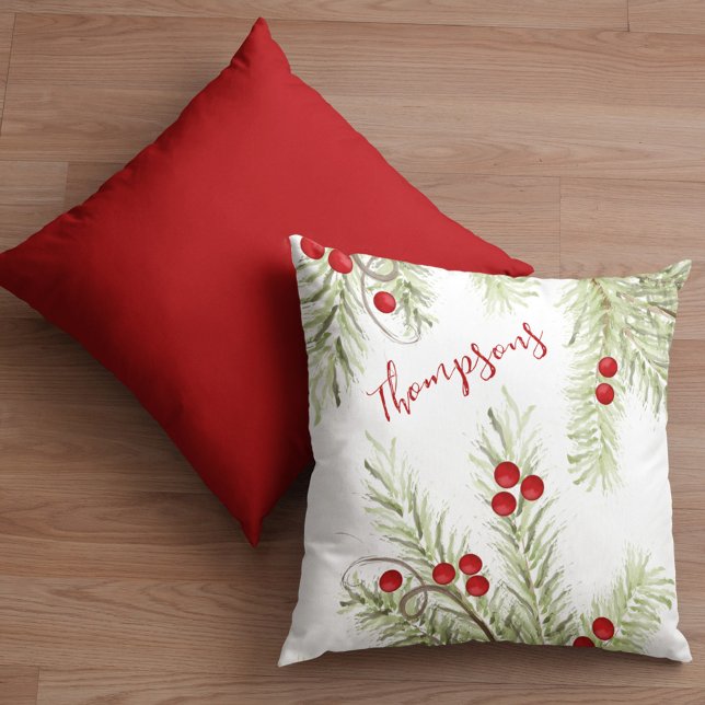 Red and Green Holly Custom Christmas Throw Pillow (Christmas holiday greenery and red holly berries throw pillow. )