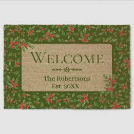 Red and Green Holly Custom Family Name Fiber Doormat