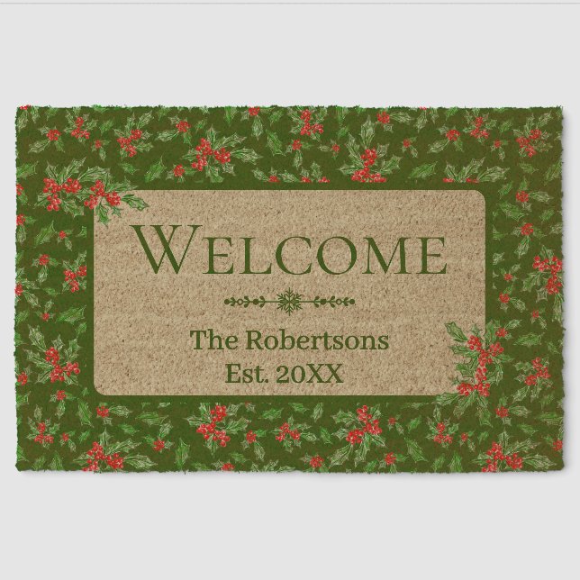 Red and Green Holly Custom Family Name Fiber Doormat (Front)