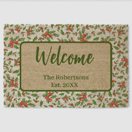 Red and Green Holly Custom Family Name Fiber Doormat