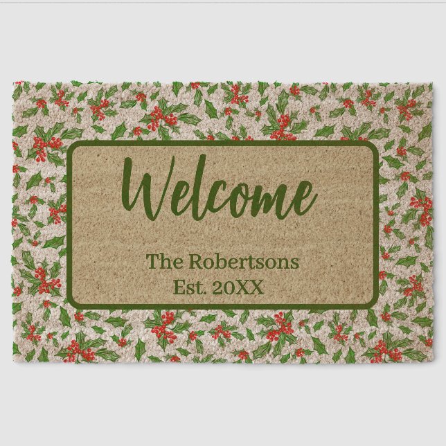Red and Green Holly Custom Family Name Fiber Doormat (Front)