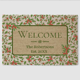 Red and Green Holly Custom Family Name Fiber Doormat