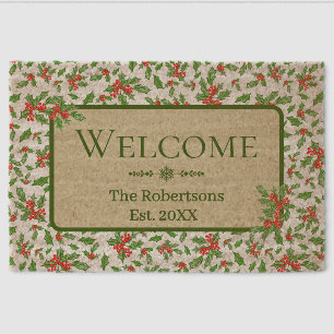 Red and Green Holly Custom Family Name Fiber Doormat