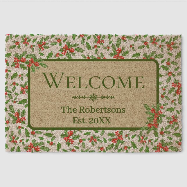 Red and Green Holly Custom Family Name Fiber Doormat (Front)