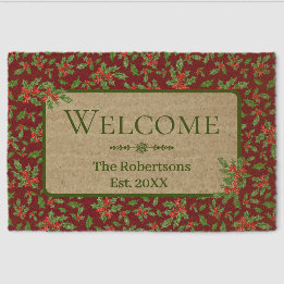 Red and Green Holly Custom Family Name Fiber Doormat