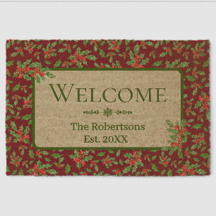 Red and Green Holly Custom Family Name Fiber Doormat