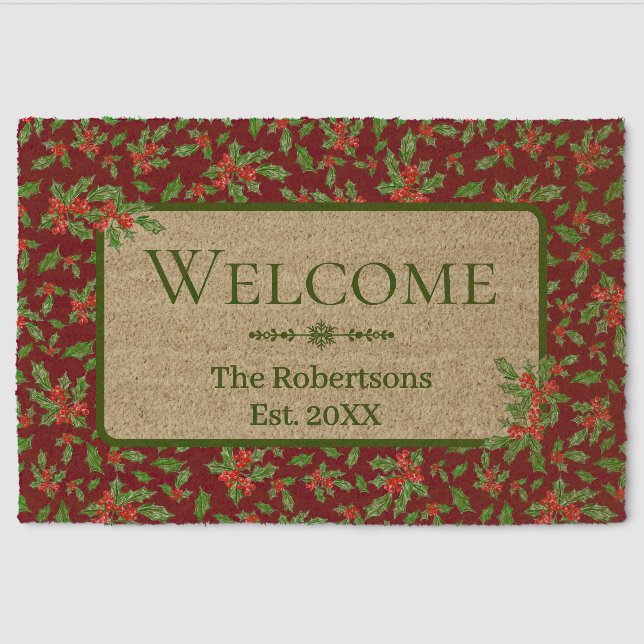 Red and Green Holly Custom Family Name Fiber Doormat (Front)