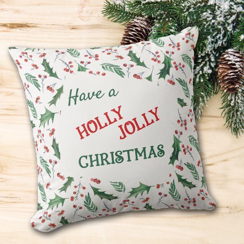 Red and Green Holly Jolly Christmas Pattern Throw Pillow