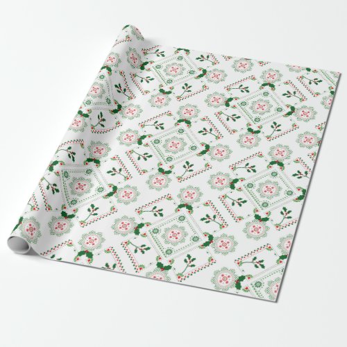 Red and green holly motif folk art pattern wrapping paper