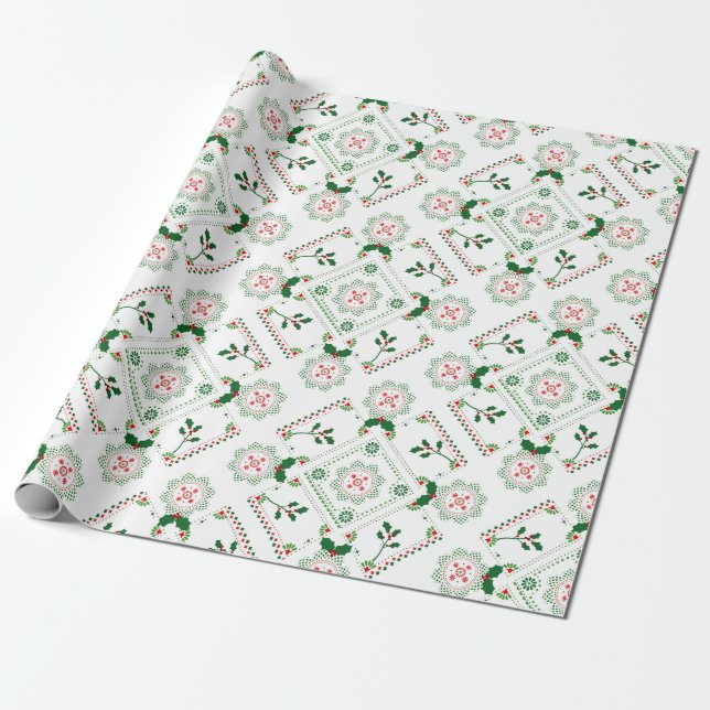 Red and green holly motif folk art pattern wrapping paper (Unrolled)