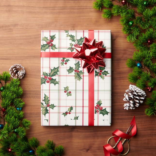 Red and Green Holly Wrapping Paper (Holiday Gift)