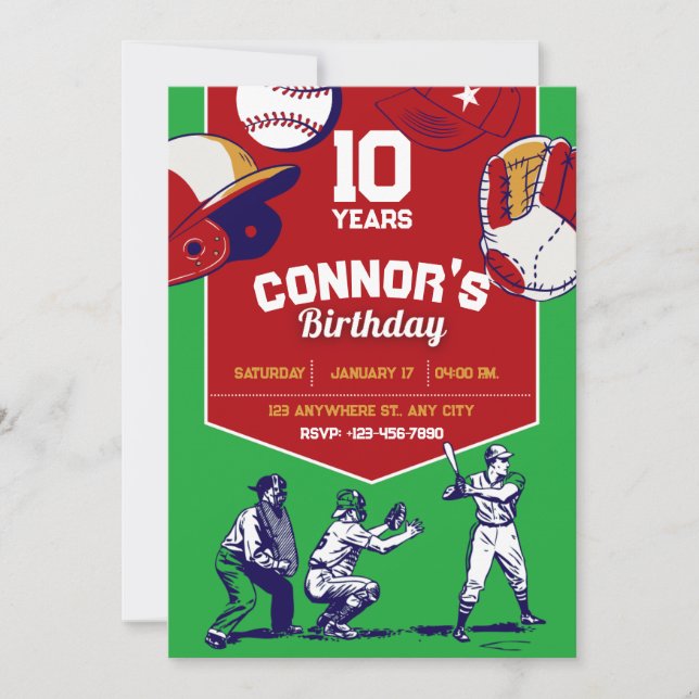 Red and Green illustrated baseball birthday party  Invitation (Front)
