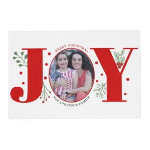 Red and green Joy, berries Christmas holiday photo Placemat