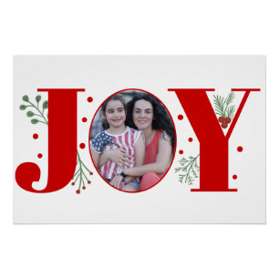 Red and green Joy, berries Christmas holiday photo Poster