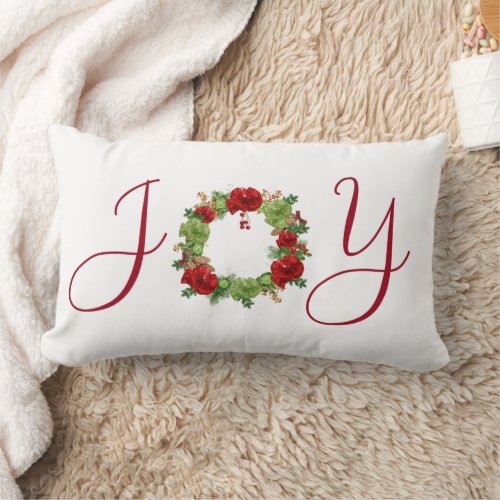 Red and Green JOY Wreath Add Name Christmas Lumbar Pillow