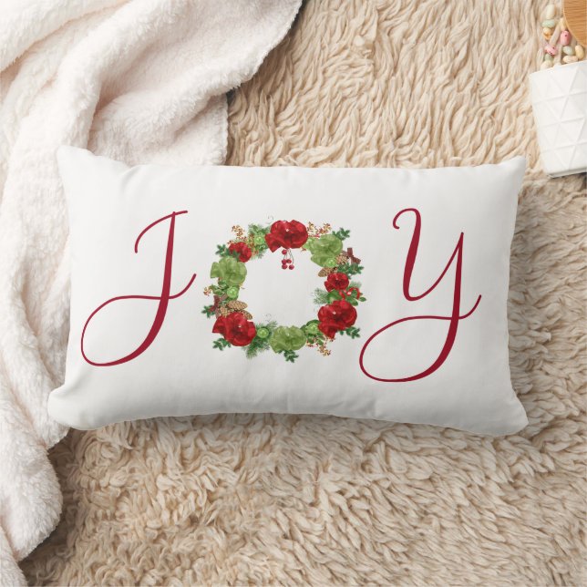Red and Green JOY Wreath Add Name Christmas Lumbar Pillow (Blanket)