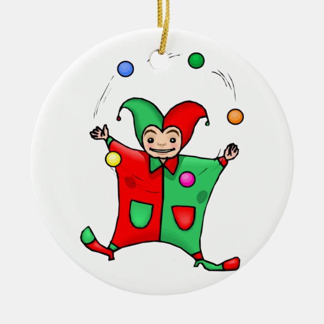 Red and Green Juggling Jester Ceramic Ornament (Front)