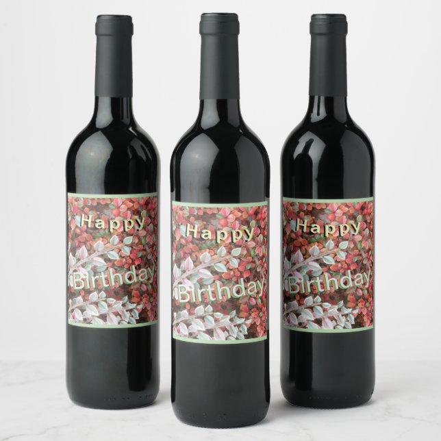 Red and Green Leaves Happy Birthday Wine Labels (Bottles)