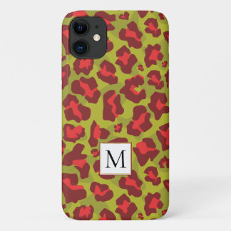 Red and green leopard animal print and monogram iPhone 11 case