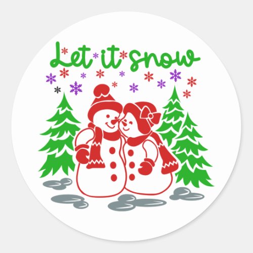 Red and Green Let It Snow Snowman Couple Christmas Classic Round Sticker
