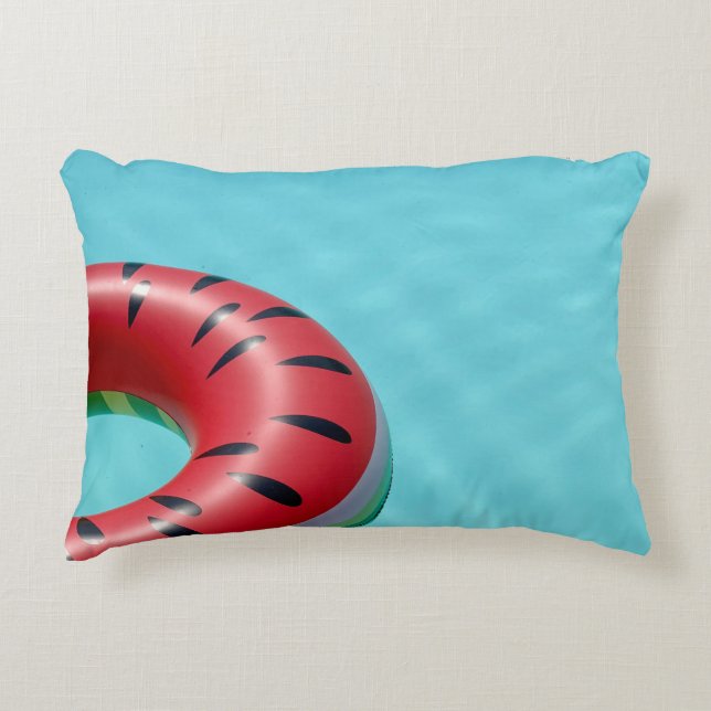 Red and green lifebuoy on swimming pool accent pillow (Front)