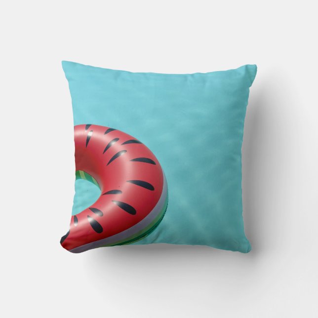 Red and green lifebuoy on swimming pool throw pillow (Front)