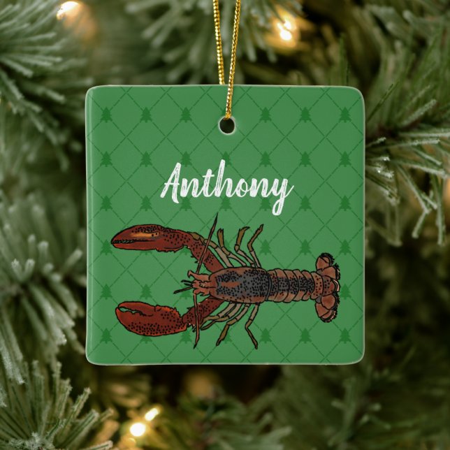 Red and Green Lobster Personalized Ceramic Ornament (Tree)