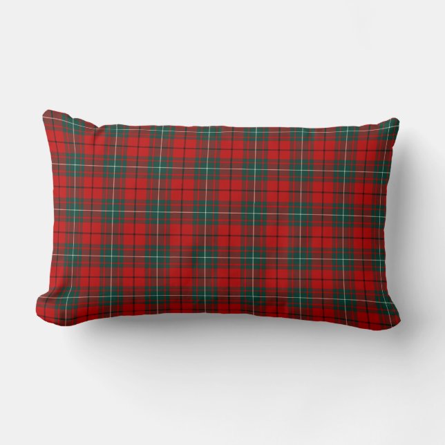 Red and Green MacAulay Clan Scottish Plaid Lumbar Pillow (Front)