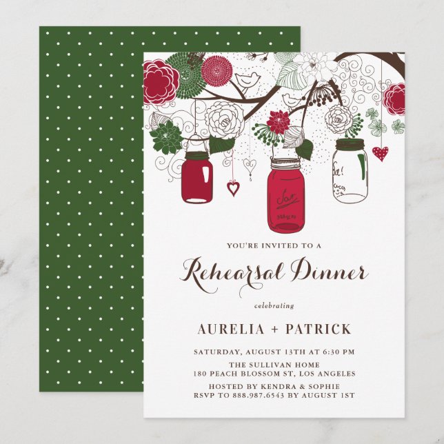 Red and Green Mason Jars Rehearsal Dinner Invitation (Front/Back)