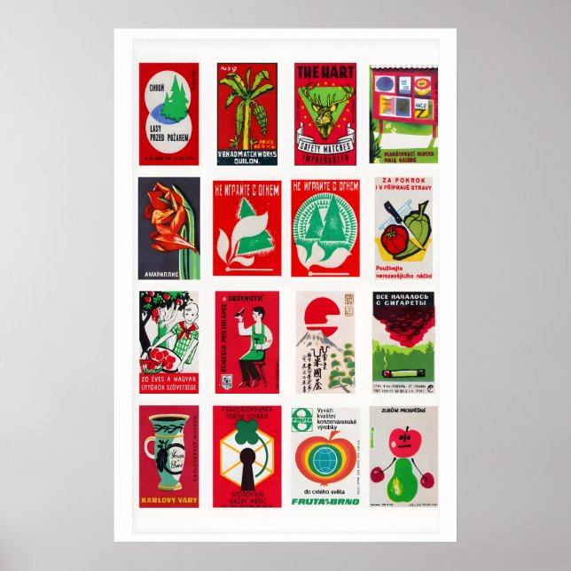 Red and Green Matchbox Label Collage, color Poster (Front)