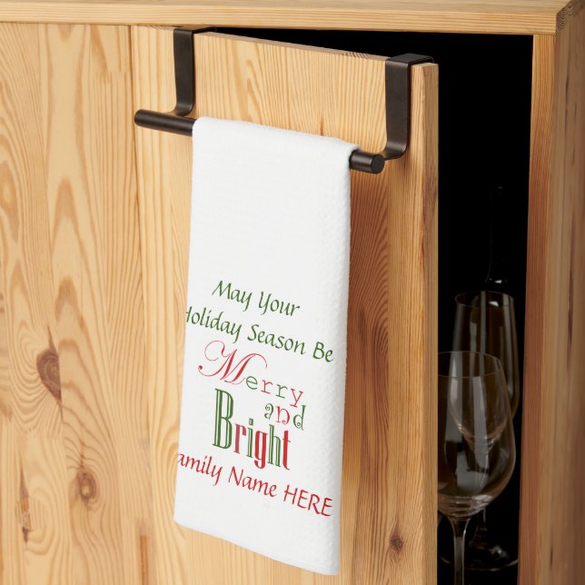 Red and Green Merry and Bright Christmas Holiday Kitchen Towel (Thirds Fold)
