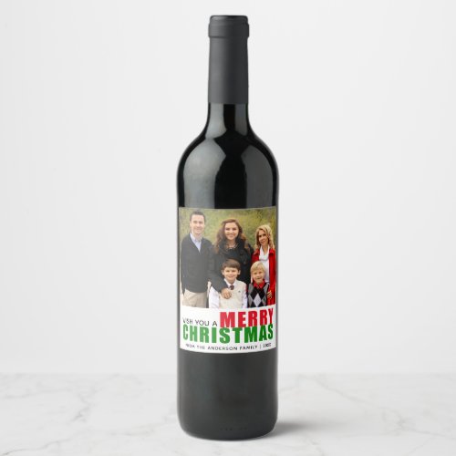 Red and Green Merry Christmas Custom Photo Wine Label