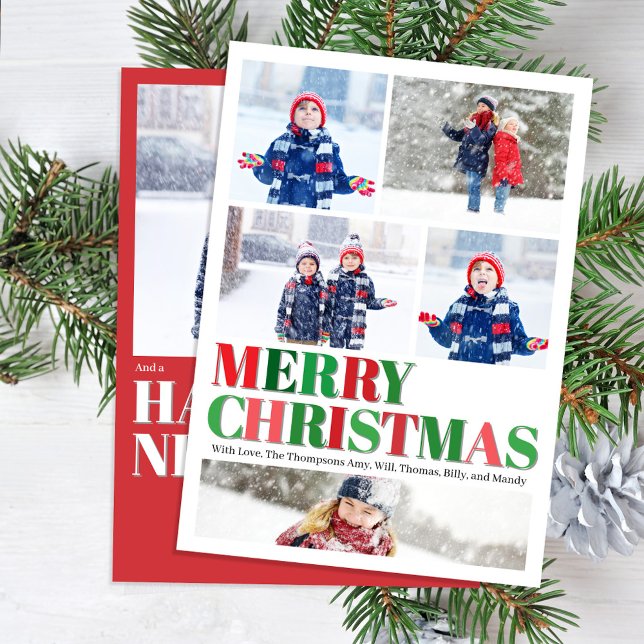 Red and Green Merry Christmas Photo Collage Holiday Card (Merry Christmas red and green multi photo card.)