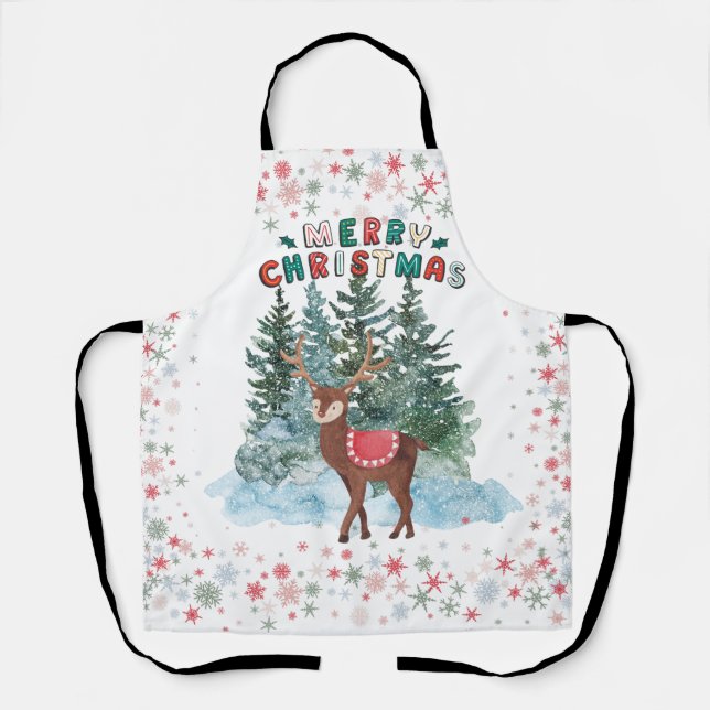 Red And Green Merry Christmas Reindeer Apron (Front)