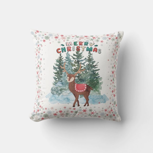 Red And Green Merry Christmas Reindeer Throw Pillow (Front)