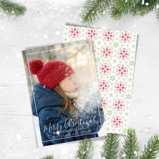 Red and Green Merry Christmas Winter Photo Holiday Card (Merry Christmas photo card with red and green snowflake pattern,)