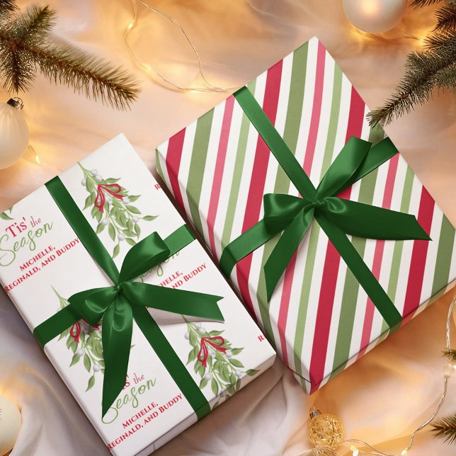 Red and Green Merry Mistletoe Custom Wrapping Paper Sheets (Whimsical Merry Christmas holiday custom wrapping paper. )