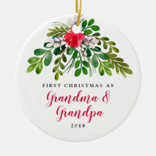 Red and Green Mistletoe New Grandma New Grandpa Ceramic Ornament