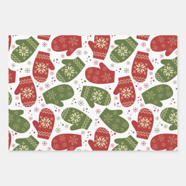 Red and Green Mittens with Snowflakes Christmas  Wrapping Paper Sheets (Front)