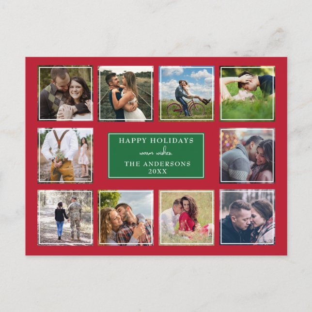 Red and Green Modern 10 Photo Collage Christmas Postcard (Front)