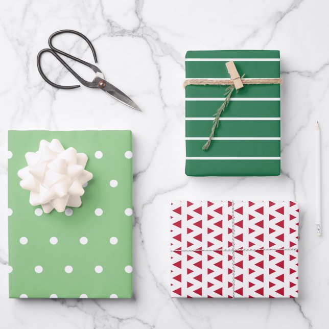Red and Green Modern Patterns Christmas Wrapping Paper Sheets (Front)